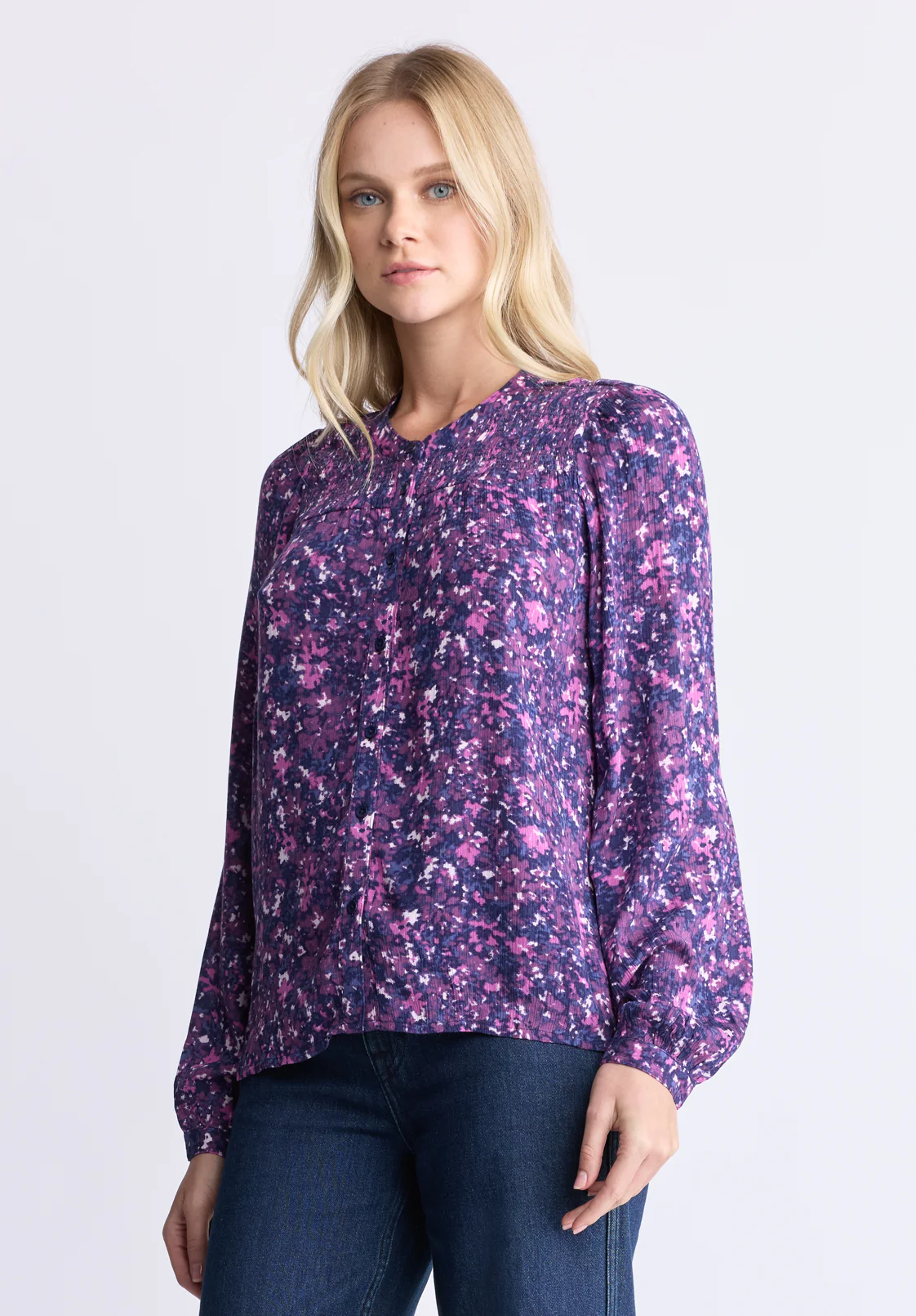 Zosia Women's Floral Print Smocked Blouse, Blurred Floral - WT0130H - Image 3